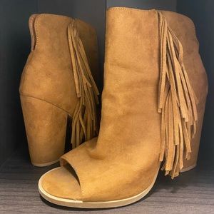 Suede Brown Peep-Toe Booties with Tassel Size 9